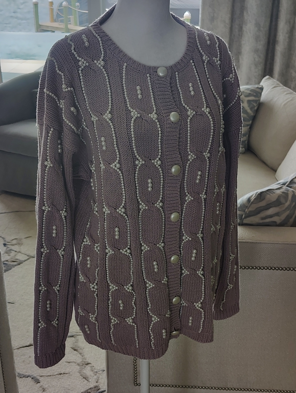 Vintage 90s Women's Pearl-Embellished Mauve Knit Cardigan